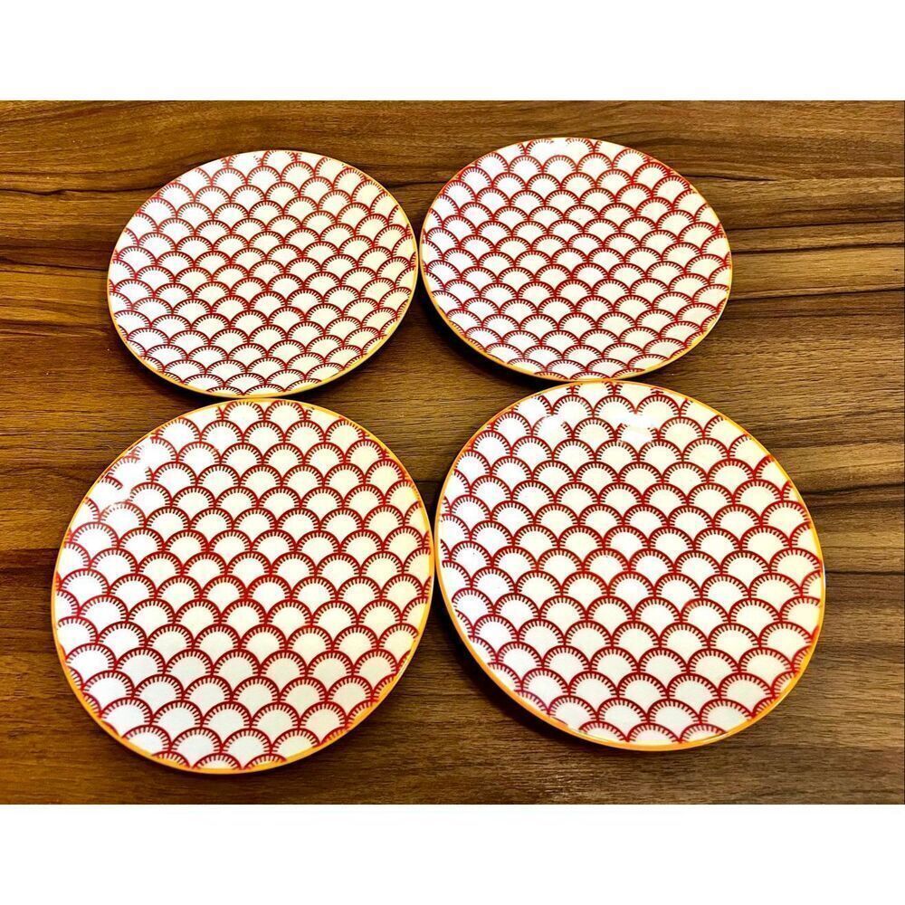 Set of 4 Pfaltzgraff 6" Appetizer Plates Red Orange GEO Microwave Dishwasher Ok